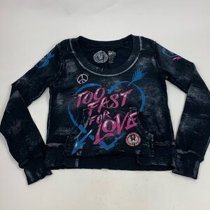 Affliction Distressed Crop scoop neck pullover top Black Purple Blue Pocket Med
